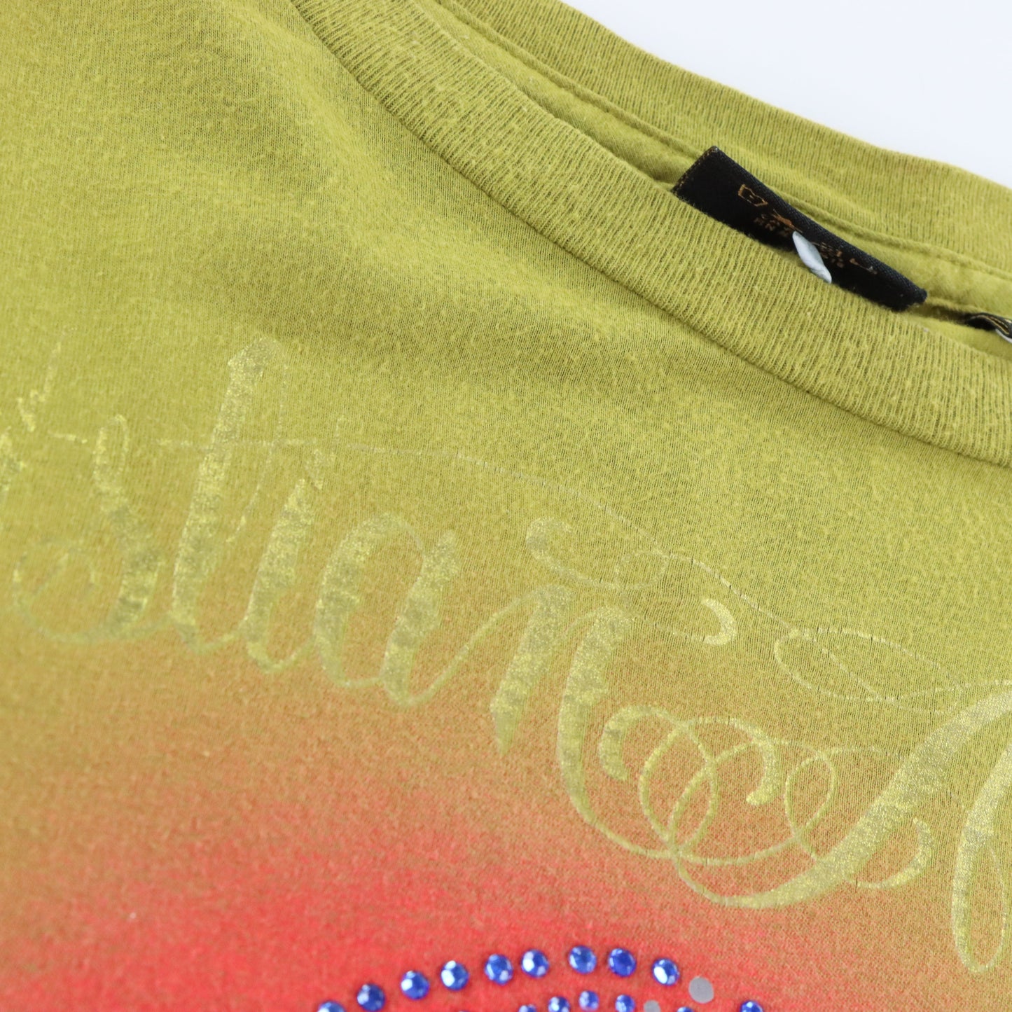 Vintage CHRISTIAN AUDIGIER "Heart Breaker" Gold Foil Logo Embellished Deity Pale Green Y2K Tee USA Made (XXL) ***COCO Vintage Sole Melbourne