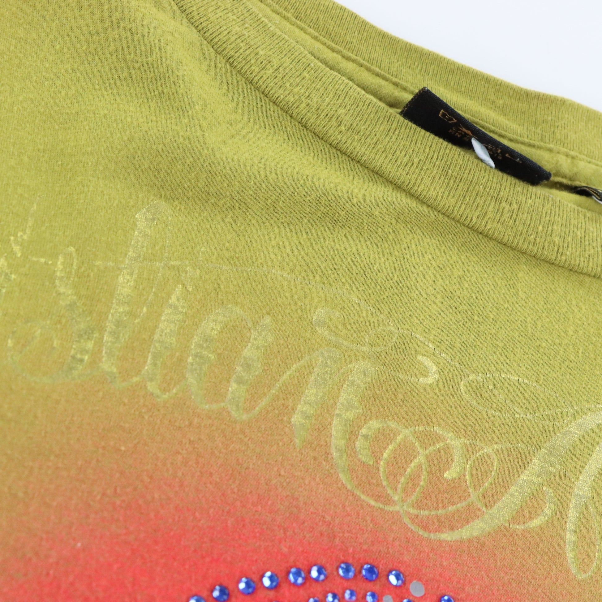 Vintage CHRISTIAN AUDIGIER "Heart Breaker" Gold Foil Logo Embellished Deity Pale Green Y2K Tee USA Made (XXL) ***COCO Vintage Sole Melbourne