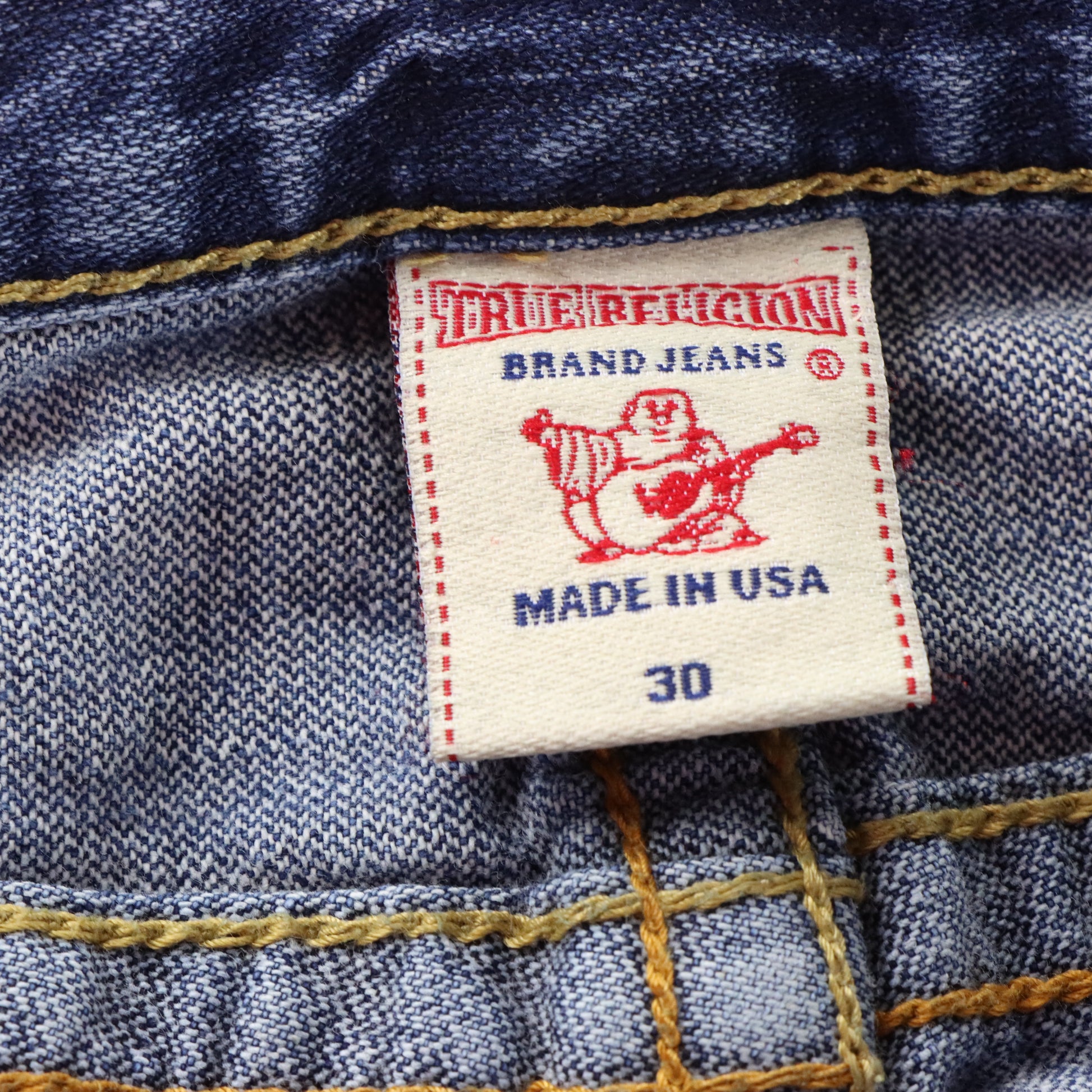 Vintage TRUE RELIGION 'Ricky' Felt Logo Patch USA Made Blue Straight Leg Jeans (30) ***COCO Vintage Sole Melbourne