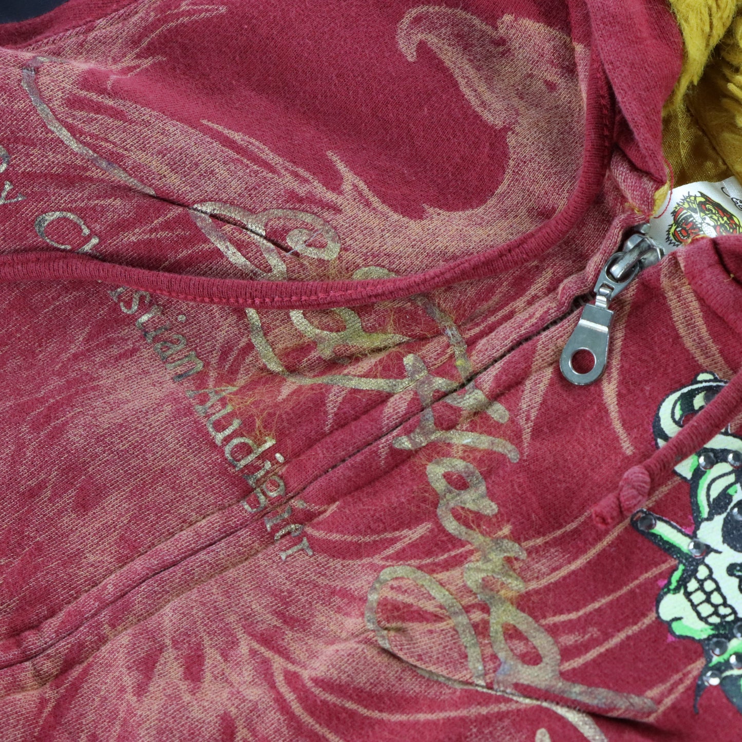 Vintage ED HARDY By Christian Audigier Red Rhinestone Hooded Sweatshirt *Aubs Vintage Sole Melbourne