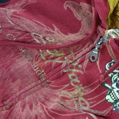 Vintage ED HARDY By Christian Audigier Red Rhinestone Hooded Sweatshirt *Aubs Vintage Sole Melbourne
