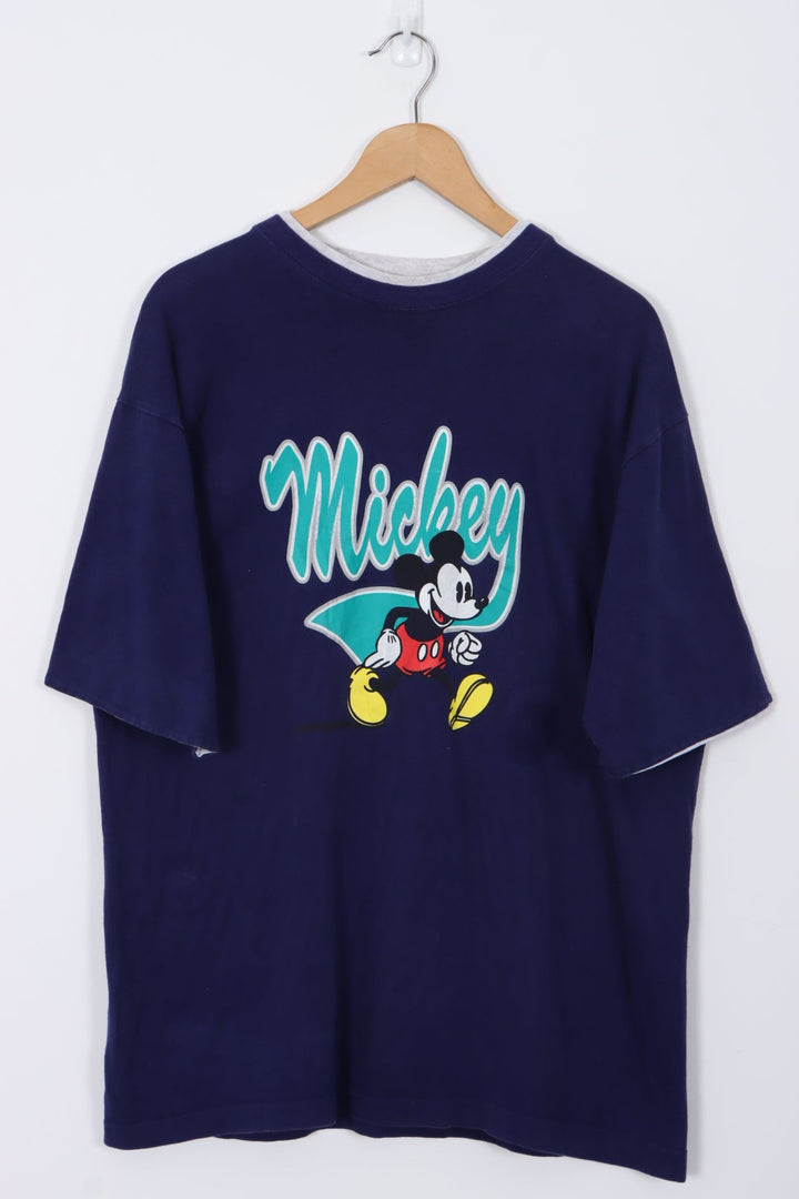 DISNEY Mickey Mouse Double Layered Single Stitch Navy Tee (L)