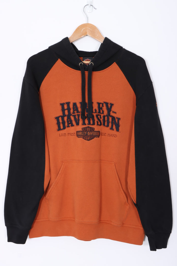 HARLEY DAVIDSON Black & Orange Colour Block Hoodie (L)