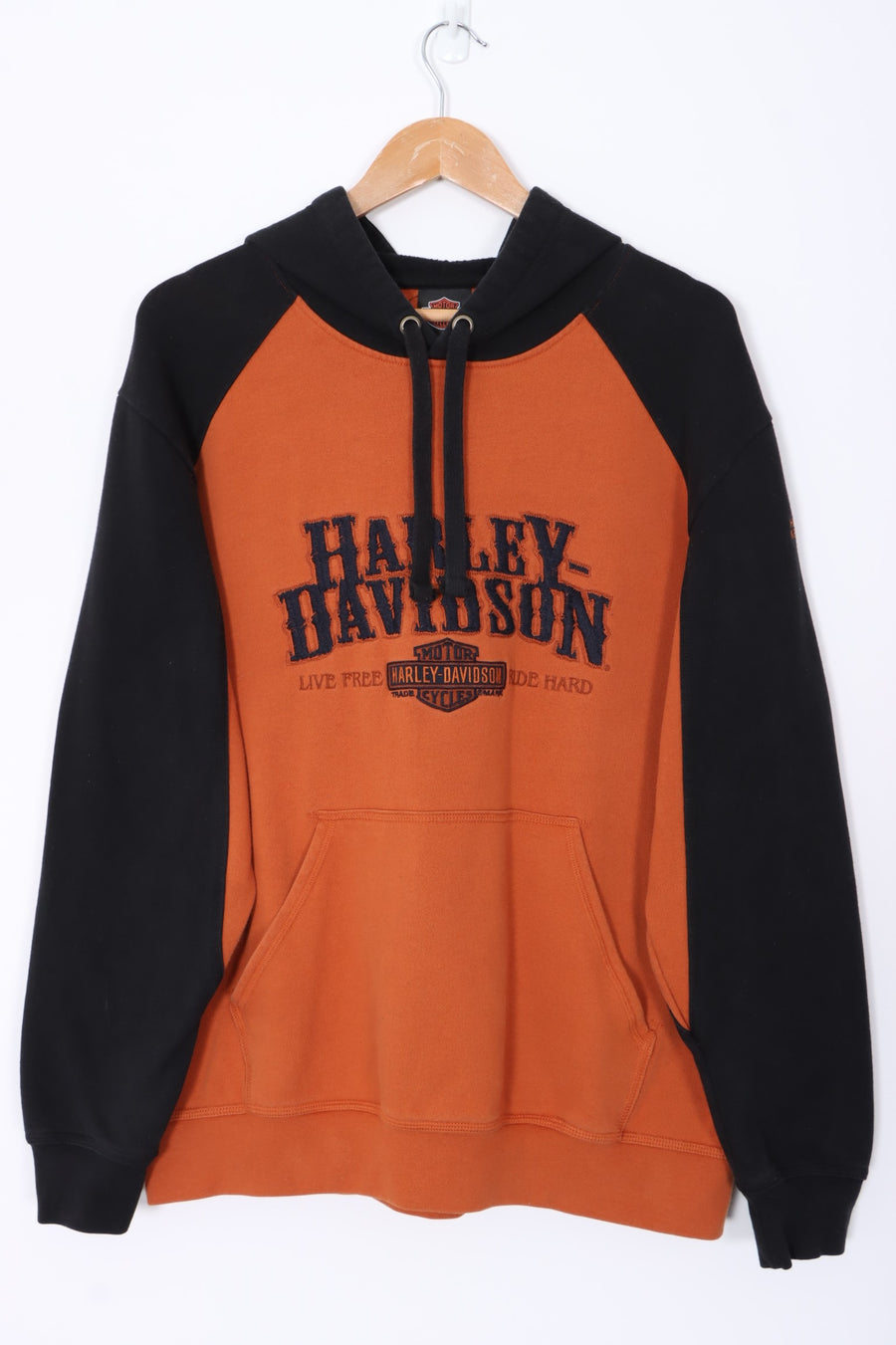 HARLEY DAVIDSON Black & Orange Colour Block Hoodie (L)