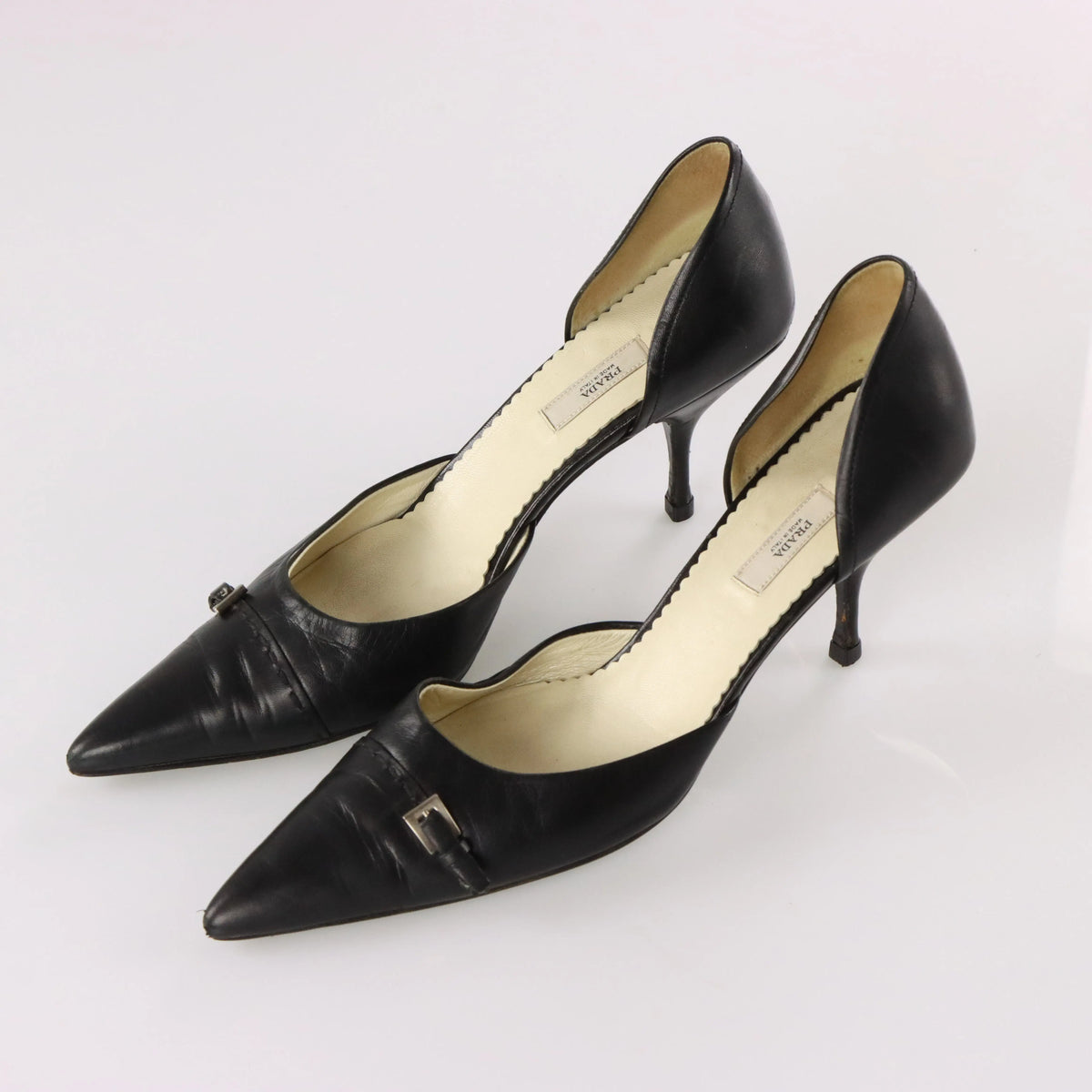 Vintage PRADA Italy Made Buckle Pointed Toe Black Heels (39) *Aubs Vintage Sole Melbourne