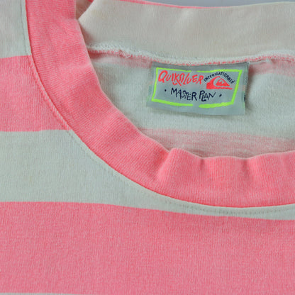 QUIKSILVER Neon Pink & White Striped High Low T-Shirt USA Made (XL)