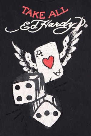 ED HARDY "Take All" Poker Skull Embellished Felt Y2K Front Back T-Shirt (S)
