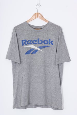 REEBOK Grey & Blue Sports Big Logo Graphic T-Shirt (L)