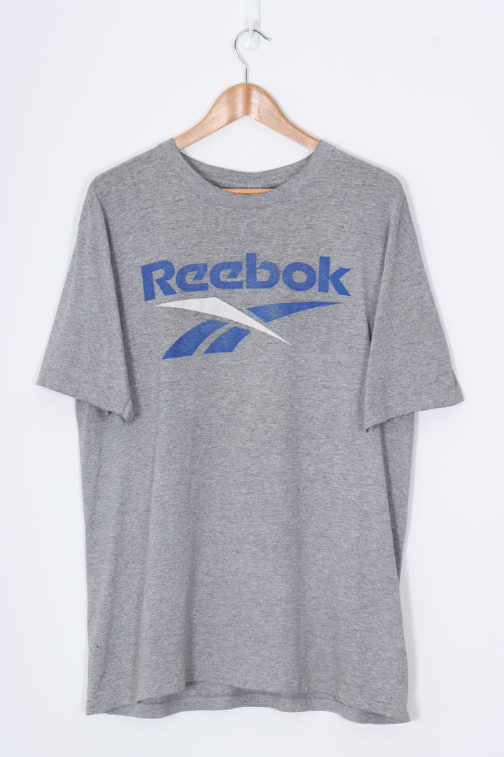 REEBOK Grey & Blue Sports Big Logo Graphic T-Shirt (L)