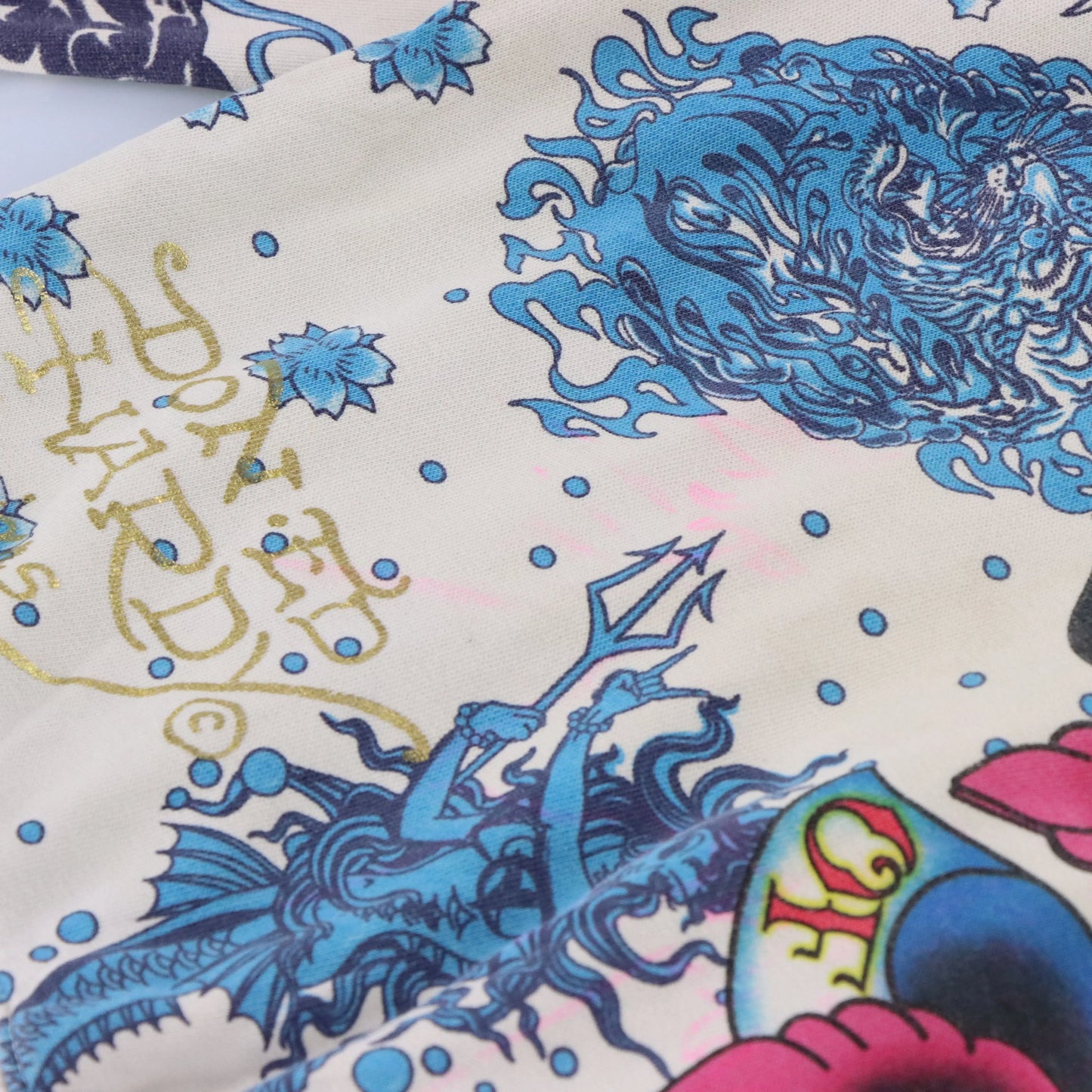 Vintage ED HARDY Y2K Gold Writing Dragon Zip Up Hooded Sweatshirt (XS)
