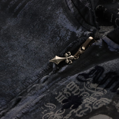AFFLICTION Y2K Velour Print 'Vengeance' Grunge Zip Up Hooded Sweatshirt (XL)