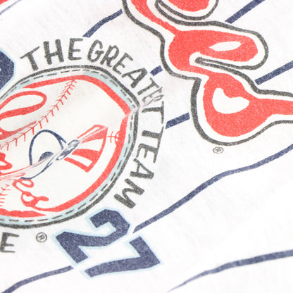 Vintage 1990 NY YANKEES MLB 'Long Gone' All Over Print Striped Baseball Sweatshirt (XL)