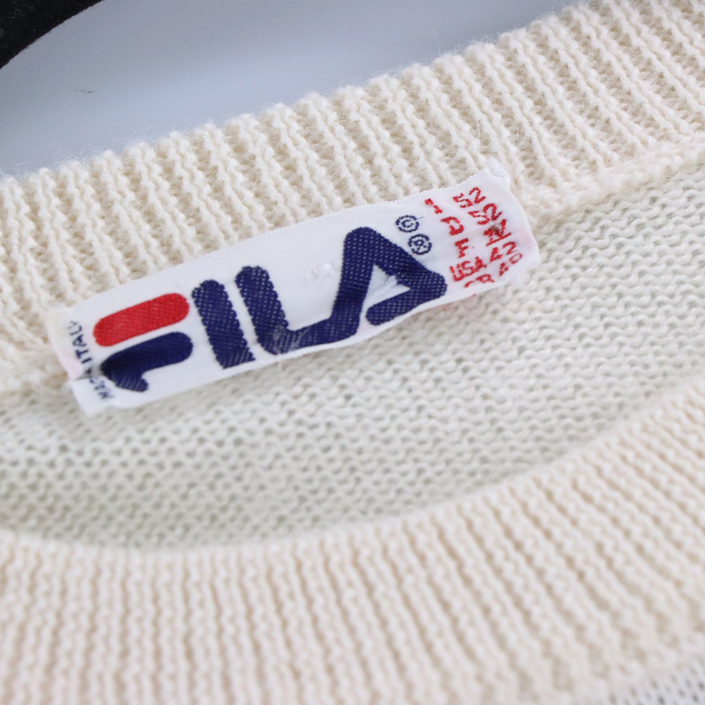 Vintage FIILA 80's Embroidered Striped Beige Italy Made Knit Sweater (L)