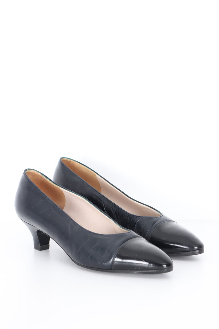 Vintage CHANEL Black Leather Patent Toe Cap Kitten Heels (38.5)