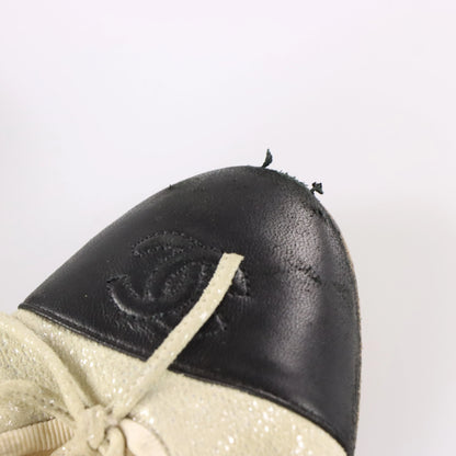 CHANNEL G02819 Cambon Cap Toe Leather Glimmer Black & Neutral Chic Ballet Flats (40)
