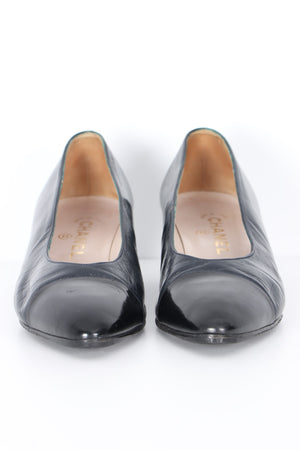 Vintage CHANEL Black Leather Patent Toe Cap Kitten Heels (38.5)