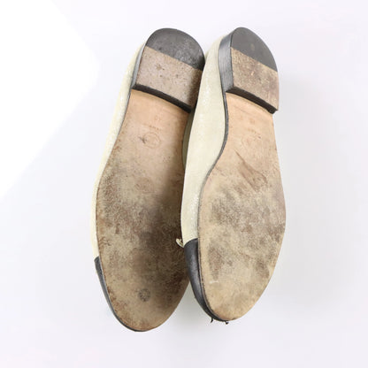CHANNEL G02819 Cambon Cap Toe Leather Glimmer Black & Neutral Chic Ballet Flats (40)