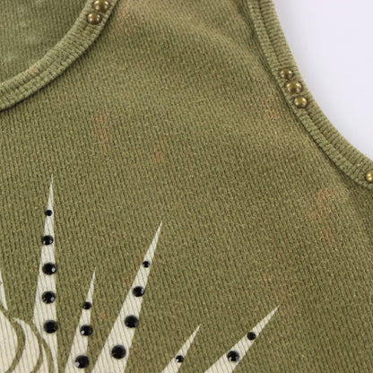 HARLEY DAVIDSON Vintage Y2K Embellished & Studded Olive Green Tank Top (Women's XS-S)