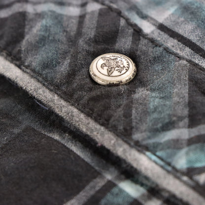 Vintage AFFLICTION x BUCKLE Black & Blue Plaid Y2K Logo Patch Long Sleeve Shirt (M)