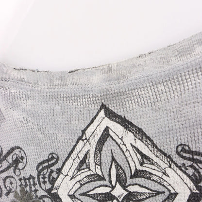 Vintage AFFLICTION Distressed Y2K Grey Velvet Cross Detail USA Made Waffle Thermal Long Sleeve Tee (XL)