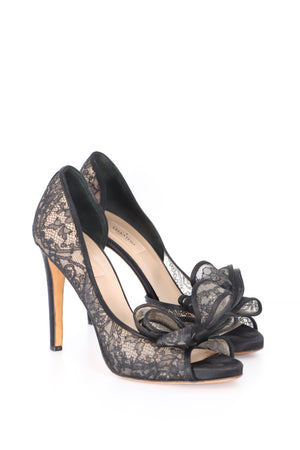 VALENTINO Black 'Lace Couture Bow' Peep Toe Heels (38.5)