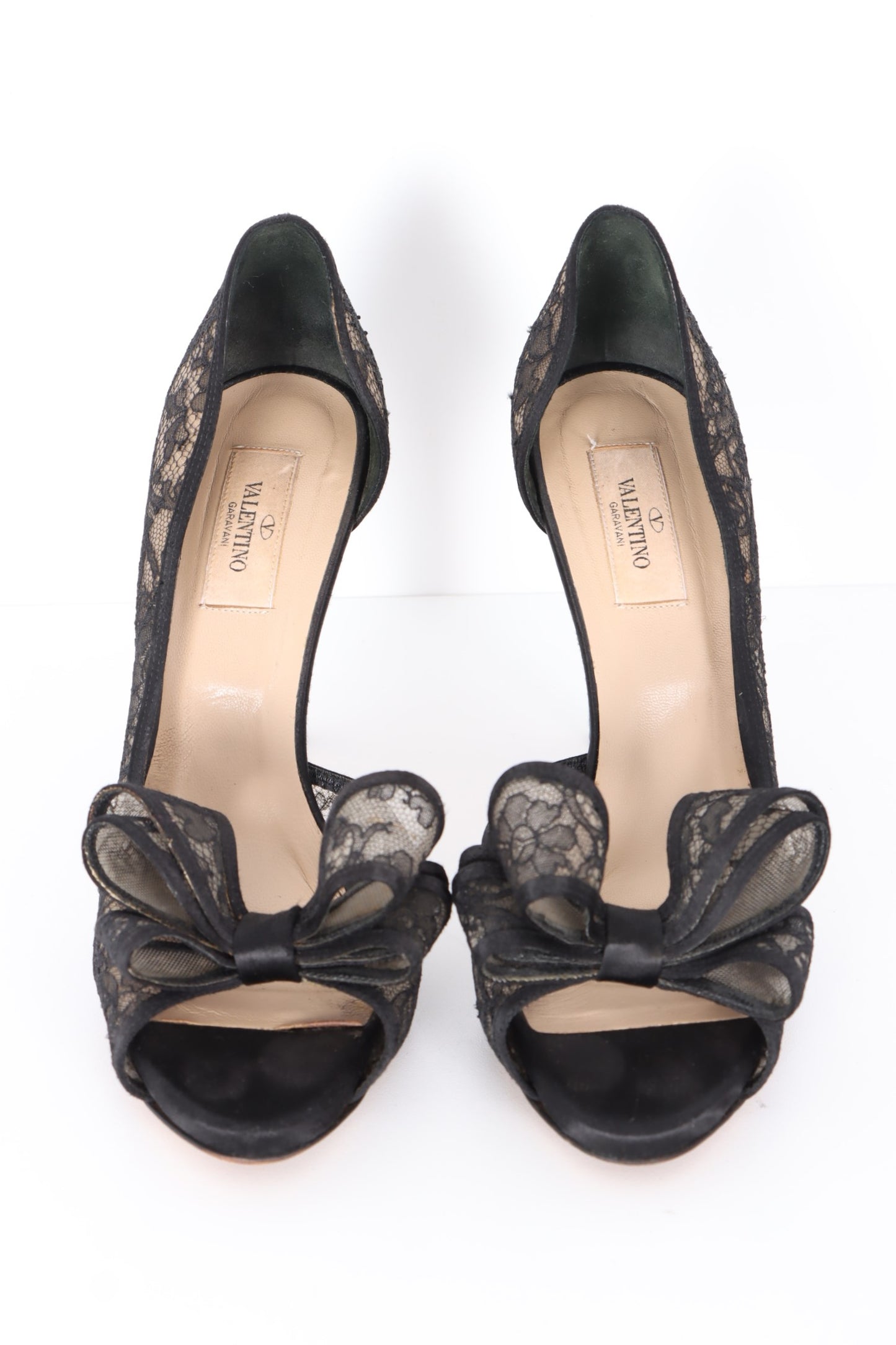 VALENTINO Black 'Lace Couture Bow' Peep Toe Heels (38.5)