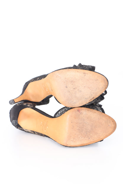 VALENTINO Black 'Lace Couture Bow' Peep Toe Heels (38.5)