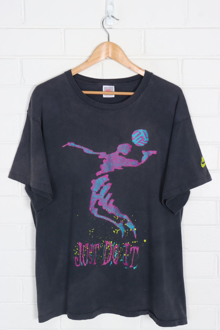 NIKE 'Just Do It' Abstract Fluro Volley Ball USA Made T-Shirt (L)