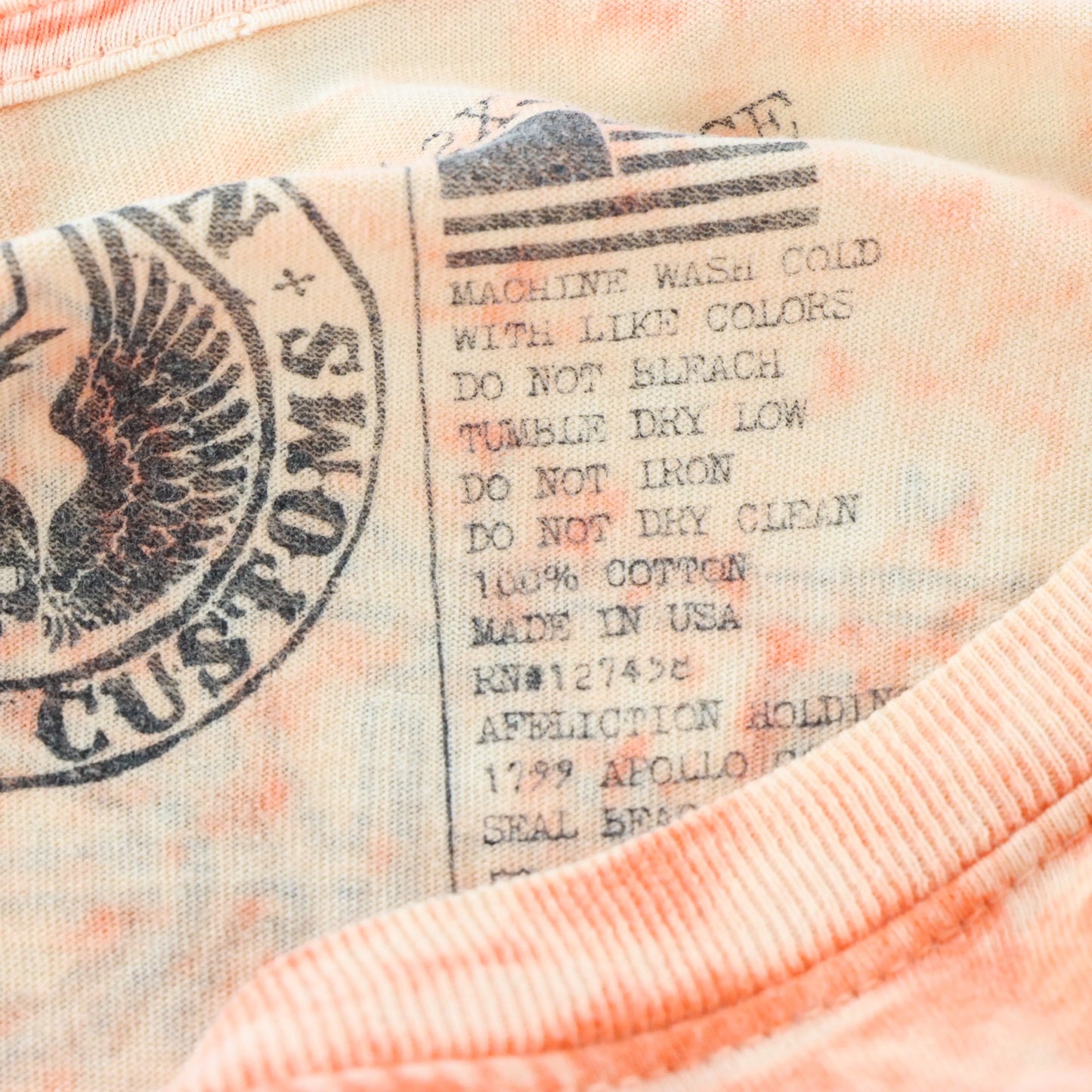 Vintage AFFLICTION 'American Customs' Velvet Detail Headdress Skull Neon Orange Tie-Dye Tee USA Made (XXL)
