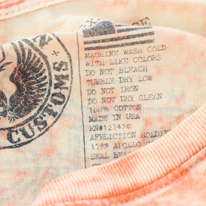 Vintage AFFLICTION 'American Customs' Velvet Detail Headdress Skull Neon Orange Tie-Dye Tee USA Made (XXL)