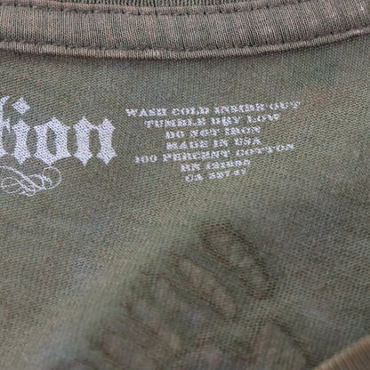 AFFLICTION 'Cut Series' Studded Cross & Wings Patch USA Made Khaki Green V-Neck Y2K Tee (XL TALL)