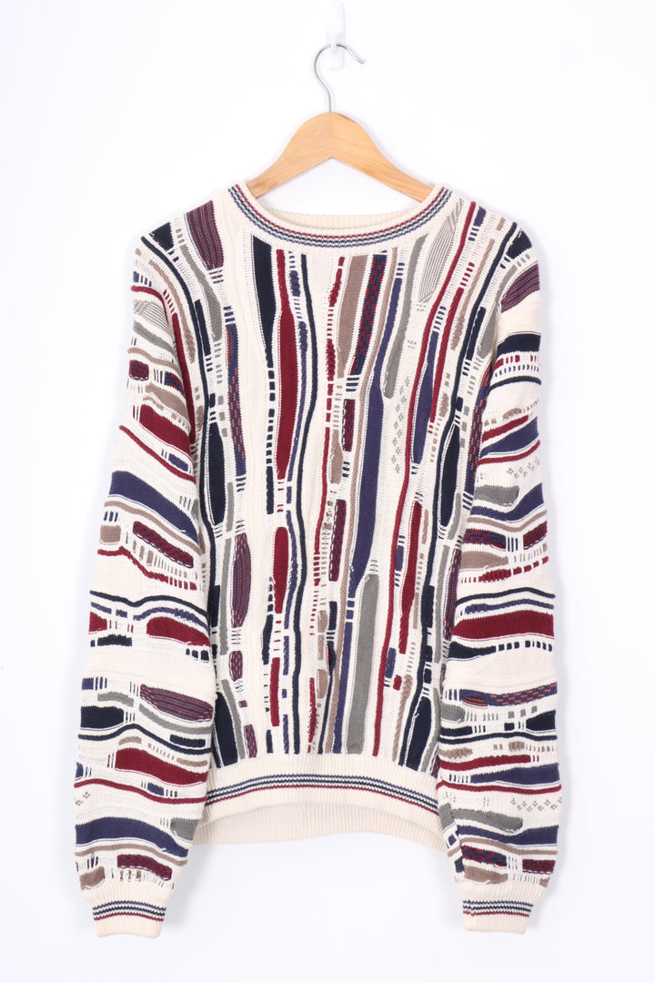COTTON TRADERS Cream & Navy 3D Coogi Style Sweater Knit (L)