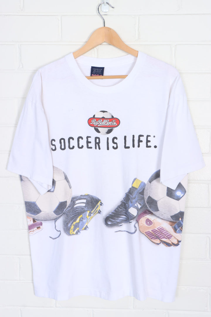 BIG BALL SPORTS 1996 "Soccer Is Life" Front Back Single Stitch Tee USA Made (XL)