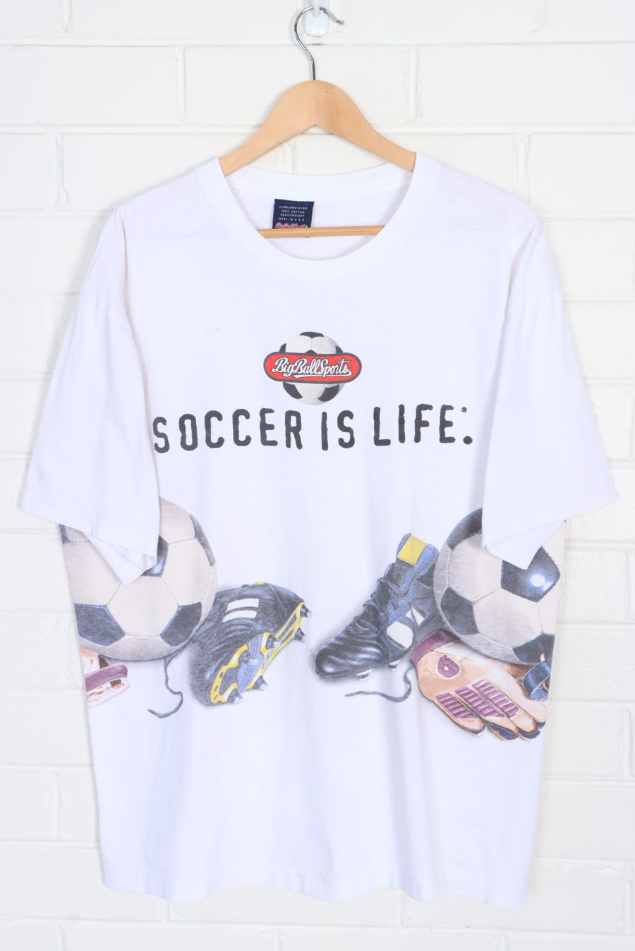 BIG BALL SPORTS 1996 "Soccer Is Life" Front Back Single Stitch Tee USA Made (XL)