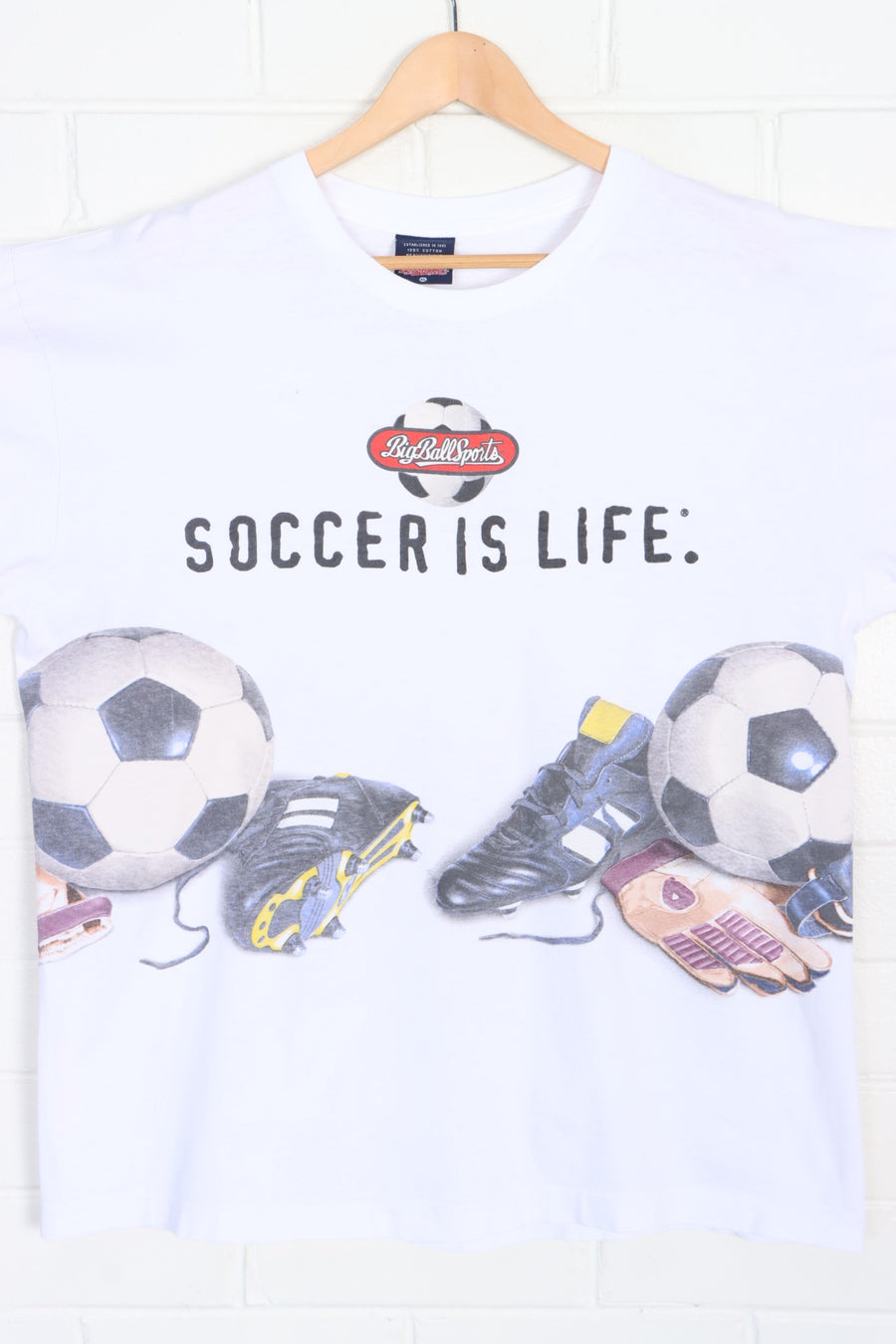 BIG BALL SPORTS 1996 "Soccer Is Life" Front Back Single Stitch Tee USA Made (XL)