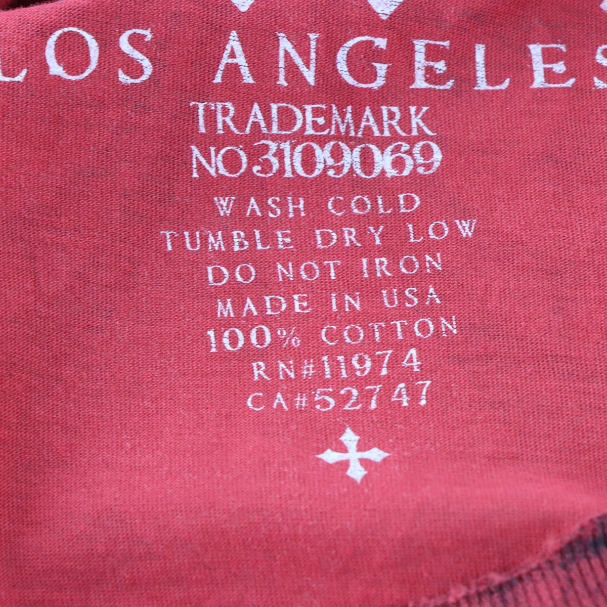 AFFLICTION Silver Foil Detail Winged Skeleton & Embroidered Spell Out Logo Y2K Red T-Shirt USA Made (XL)