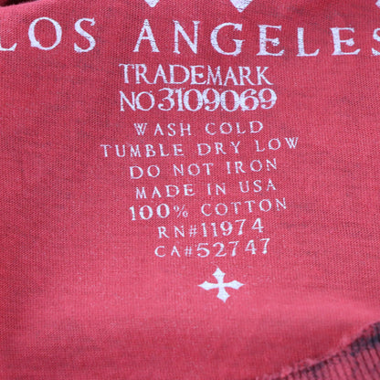 AFFLICTION Silver Foil Detail Winged Skeleton & Embroidered Spell Out Logo Y2K Red T-Shirt USA Made (XL)
