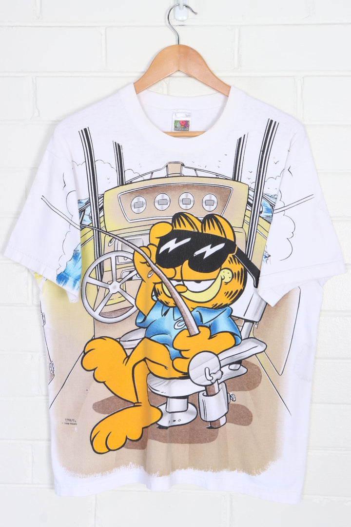 Garfield & Odie 1996 Fishing Boat Front Back Single Stitch PAWS T-Shirt USA Made (L)