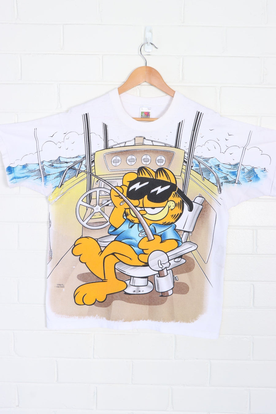 Garfield & Odie 1996 Fishing Boat Front Back Single Stitch PAWS T-Shirt USA Made (L)