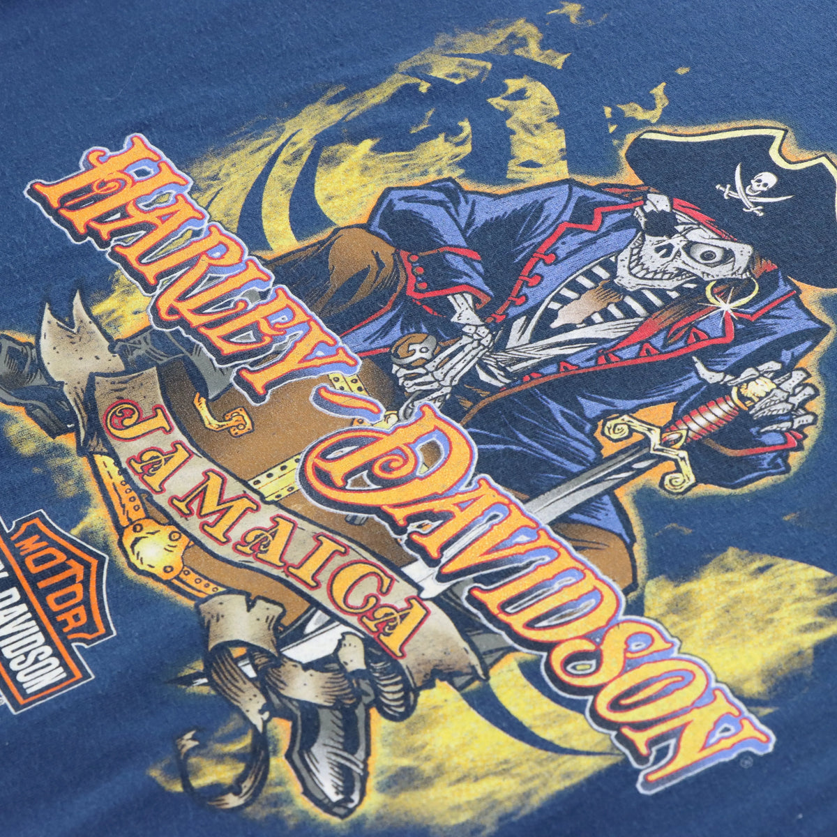 Vintage HARLEY DAVIDSON 'Blackbeard Revenge' Pirate Blue Motorcycle T-Shirt (XXL)