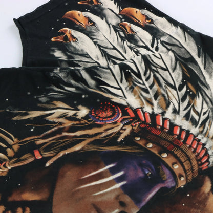 Vintage 1998 LIQUID BLUE American Indian Bear All Over Print Black T-Shirt (L)