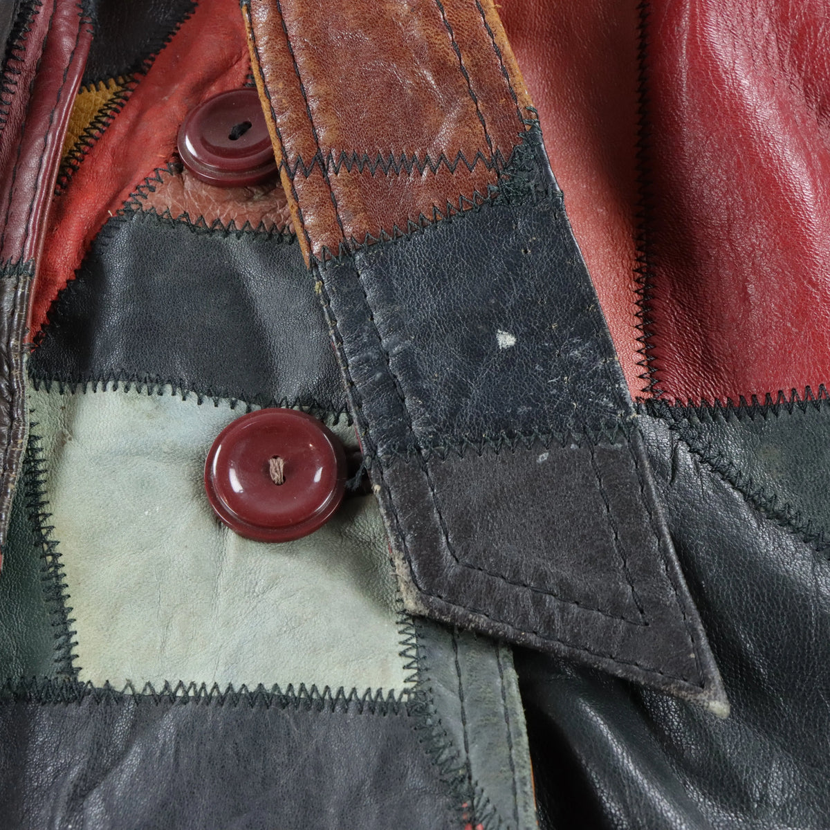 Vintage 70s THE TANNERY Multicolour Patchwork Button Up Leather Trench Coat (S-M)