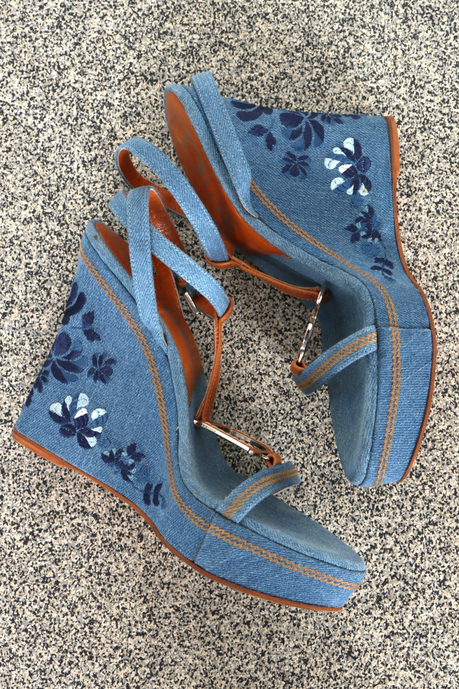 Vintage DIOR Embroidered Denim Wedge Sandals (38.5)