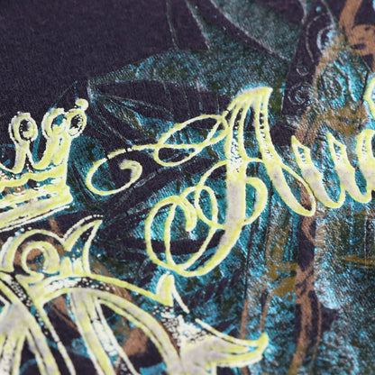 Vintage CHRISTIAN AUDIGIER Blue Foil & Velvet Detail Locked Chains USA Made Y2K Tee (M)