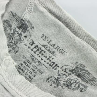 AFFLICTION Y2K Two Skulls Lightweight Distressed USA Made Grey Tee (XXL)