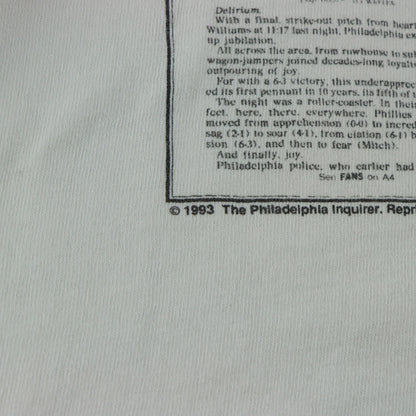 Vintage 1993 Philadelphia Phillies Newspaper Article Single Stitch White MLB Tee USA Made (L-XL)