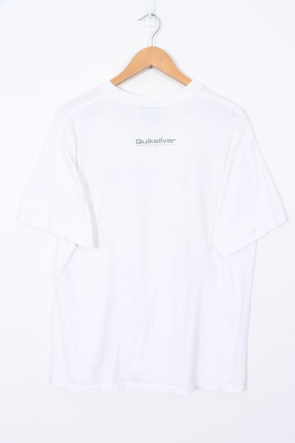 QUIKSILVER Speed Strip Blue Logo Boardriding Company White Tee (L)