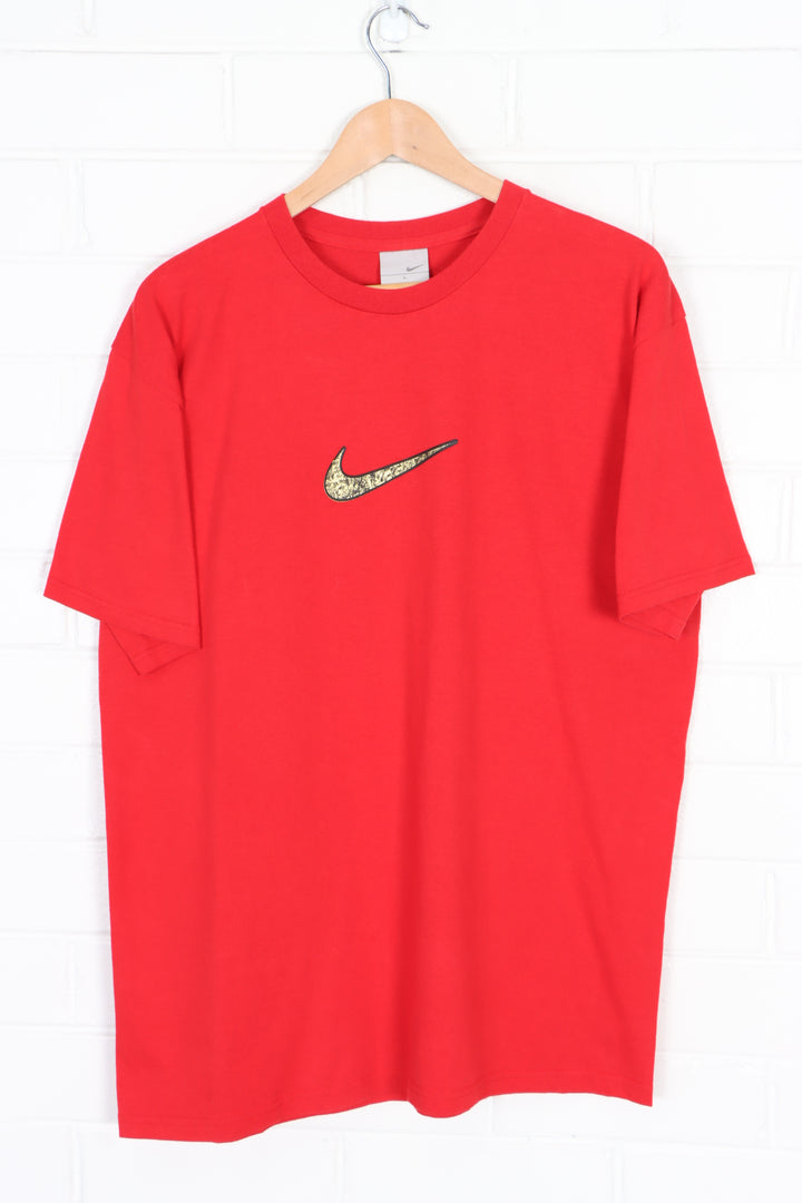 NIKE Gold Textured Centre Swoosh Logo Red T-Shirt (L)