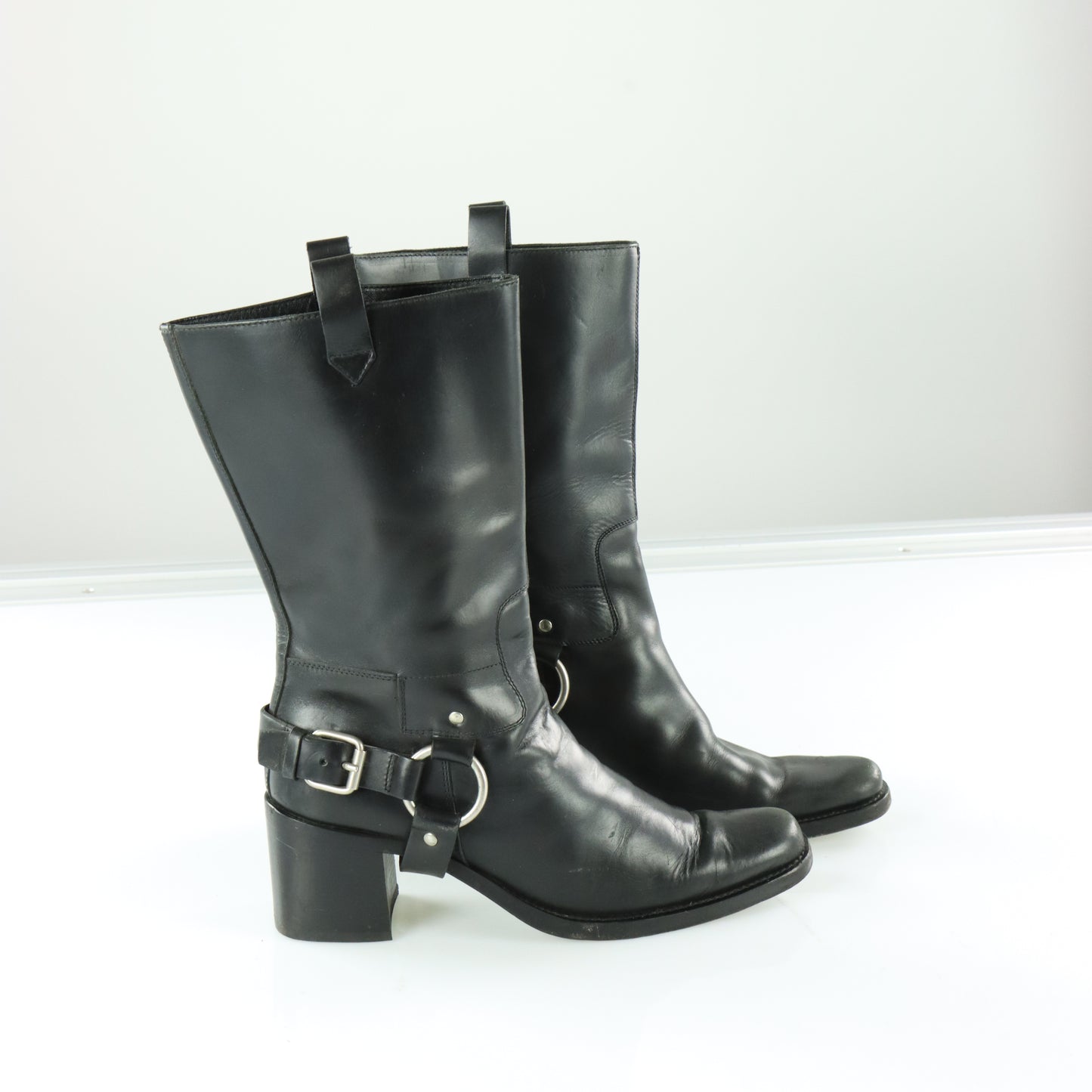MIU MIU Black Heeled Harness Italy Made Motorcycle Boots (38)