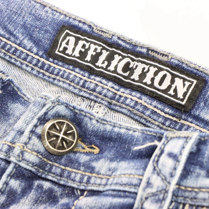 Vintage AFFLICTION Y2K 'Gage' Embroidered Cross Pockets Distressed Blue Jeans (38)